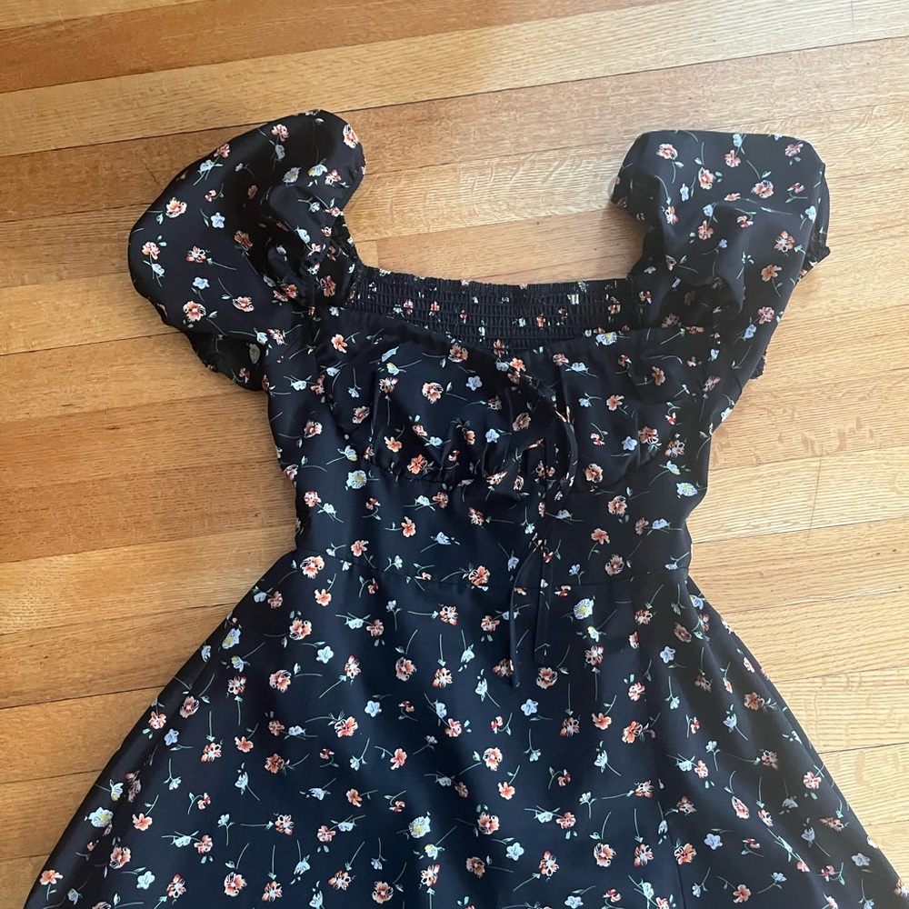 Black floral milkmaid mini dress